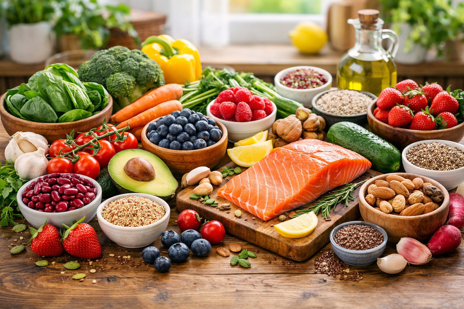colorful healthy food ingredients on wooden table, fresh vegetables, berries, nuts, fish, natural wellness diet concept, bright kitchen setting